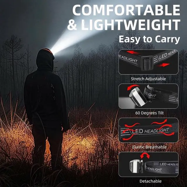 Alt view image 4 of 6 - 6 Pack Rechargeable Headlamp Flashlight, LED Head Lamp with White Red Light, Super Bright USB-C Headlight Motion Sensor Head Lamp for Adults 11 Mode Outdoor Camping Running Hiking Fishing