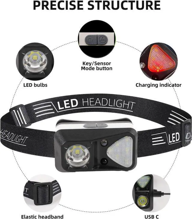 Alt view image 6 of 6 - 6 Pack Rechargeable Headlamp Flashlight, LED Head Lamp with White Red Light, Super Bright USB-C Headlight Motion Sensor Head Lamp for Adults 11 Mode Outdoor Camping Running Hiking Fishing
