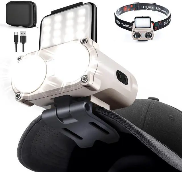 Main image of 2-in-1 Rechargeable Headlamp & Hat Light, 800LM Clip-On Cap Light | 5 light modes, red light, 180° adjustable beam, up to 80H runtime for work & dog walkingGrey, 1 Pack