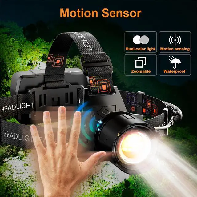 Alt view image 2 of 7 - Rechargeable Headlamp 3000 Lumens, LED Brightest Headlamps for Adults with 7500mAh Battery, Motion Sensor Waterproof Headlamp for Camping Hiking Hunting - Dual Light Sources Warm & White Light