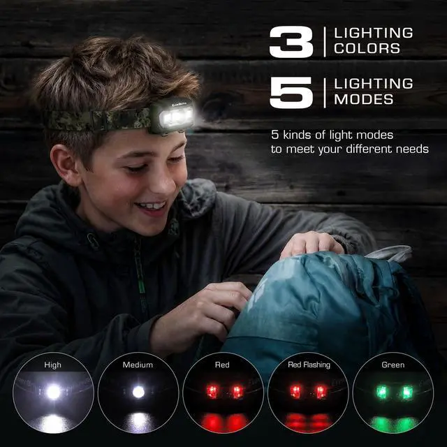 Alt view image 2 of 7 - Headlamp, 300 Lumens LED Head Lamp for Kids & Adults, Red Light | Batteries Included, White Red & Green Light Modes, Memory Function, 65° Tiltable, 5 Modes, For Camping, Hiking, Emergency