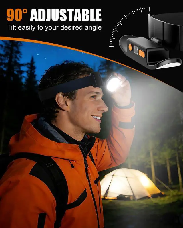 Alt view image 5 of 7 - Headlamp Rechargeable, 230° Wide Beam 500Lumen Bright LED Head Lamp | 3 Modes, Digital Power Display, 2000mAh, 90° Tilt & IPX5 Waterproof Head Lights for Forehead for Camping, Hiking, Mechanic