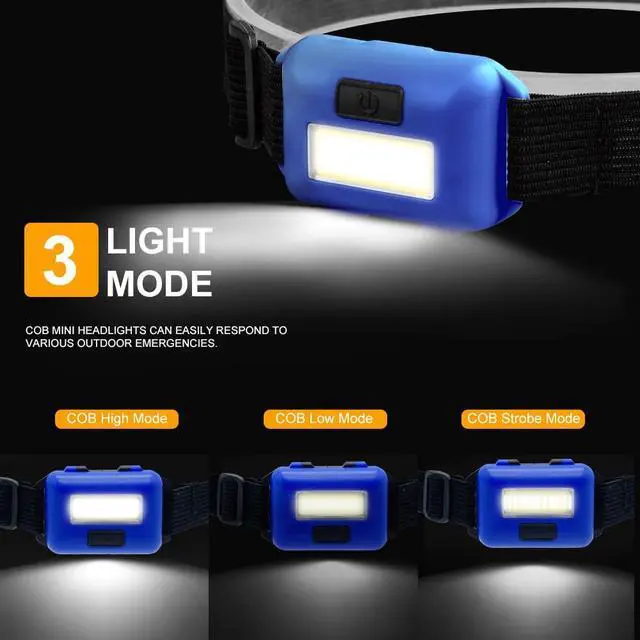 Alt view image 2 of 7 - 8 Pack Led Headlamp for Adults and Kids | 1.1oz/31g | 3 Modes | 24 AAA Batteries | COB Flood Light | Waterproof | Head Lamp for Family Camping Running Reading Hiking