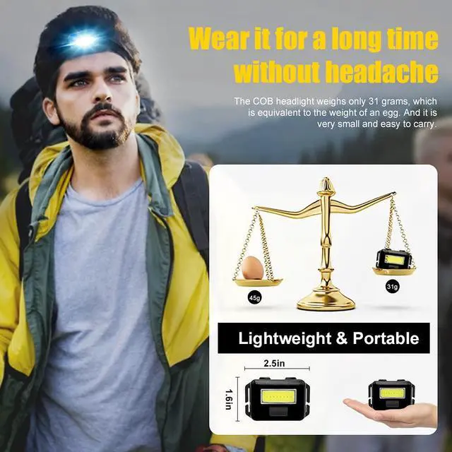 Alt view image 4 of 7 - 8 Pack Led Headlamp for Adults and Kids | 1.1oz/31g | 3 Modes | 24 AAA Batteries | COB Flood Light | Waterproof | Head Lamp for Family Camping Running Reading Hiking