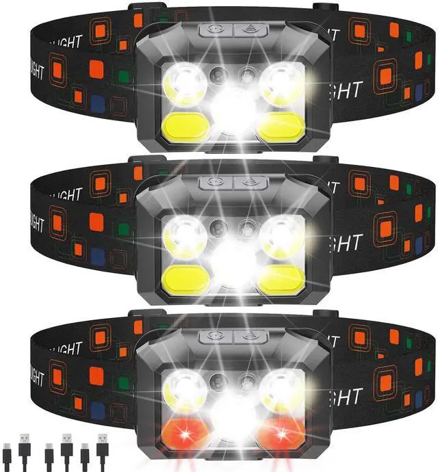 Main image of Rechargeable LED Headlamp 3-Pack, 800 Lumens, USB-C, IPX4 Waterproof, 8 Modes, Red & White Light Lightweight, Adjustable; for Camping, Hiking, Running, Fishing & Repairs