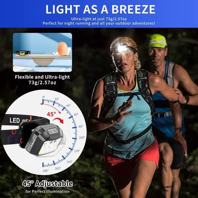 Alt view image 5 of 7 - Rechargeable LED Headlamp 3-Pack, 800 Lumens, USB-C, IPX4 Waterproof, 8 Modes, Red & White Light Lightweight, Adjustable; for Camping, Hiking, Running, Fishing & Repairs