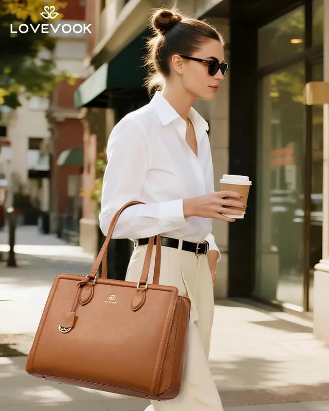 Alt view image 2 of 6 - Laptop Bag for Women,15.6 Inch Laptop Computer Tote Bag, Large Capacity and Waterproof Leather Work Bags, Professional Business Office Handbag Purse, Great Gifts for Women, Brown