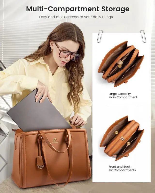 Alt view image 4 of 6 - Laptop Bag for Women,15.6 Inch Laptop Computer Tote Bag, Large Capacity and Waterproof Leather Work Bags, Professional Business Office Handbag Purse, Great Gifts for Women, Brown