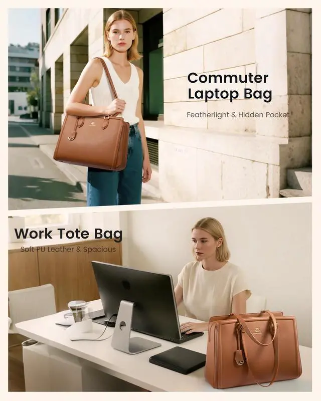 Alt view image 6 of 6 - Laptop Bag for Women,15.6 Inch Laptop Computer Tote Bag, Large Capacity and Waterproof Leather Work Bags, Professional Business Office Handbag Purse, Great Gifts for Women, Brown