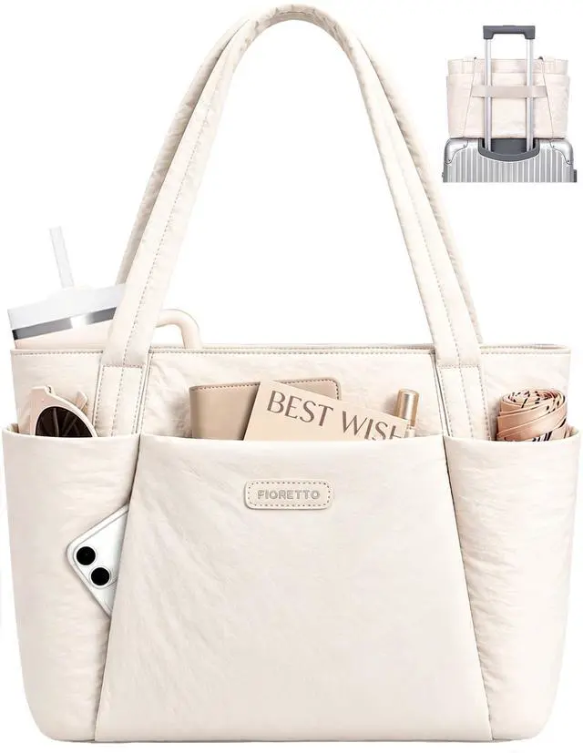 Main image of Puffer Tote Bag for Women, Lightweight Work Tote Handbag with Laptop Compartment, Zipper & Roomy Pockets, Puffy Quilted Nurse Bag for Clinical, Travel, College, Teacher & Gym Beige M