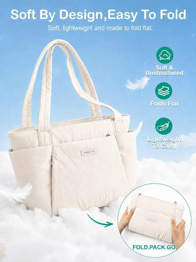Alt view image 3 of 7 - Puffer Tote Bag for Women, Lightweight Work Tote Handbag with Laptop Compartment, Zipper & Roomy Pockets, Puffy Quilted Nurse Bag for Clinical, Travel, College, Teacher & Gym Beige M