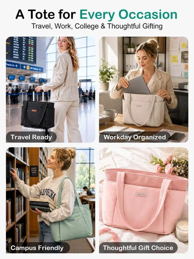 Alt view image 7 of 7 - Puffer Tote Bag for Women, Lightweight Work Tote Handbag with Laptop Compartment, Zipper & Roomy Pockets, Puffy Quilted Nurse Bag for Clinical, Travel, College, Teacher & Gym Beige M