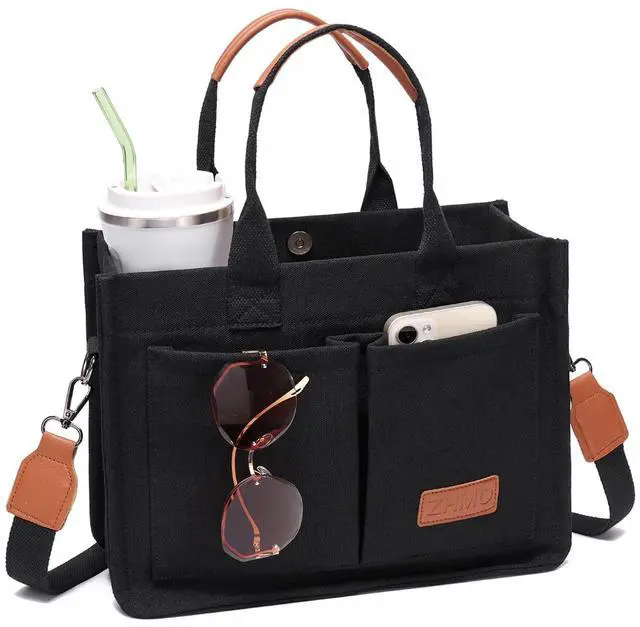 Main image of Canvas Tote Bag for Women With Compartments and Pocket,Black Women's Bags Crossbody Bags Work Laptop Tote Bag Large Satchels Handbag Tote Purse Everyday Shoulder Bag for Travel Nurse Teacher Gift