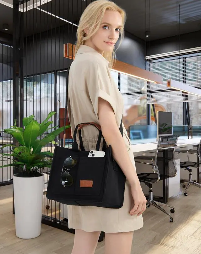 Alt view image 2 of 6 - Canvas Tote Bag for Women With Compartments and Pocket,Black Women's Bags Crossbody Bags Work Laptop Tote Bag Large Satchels Handbag Tote Purse Everyday Shoulder Bag for Travel Nurse Teacher Gift