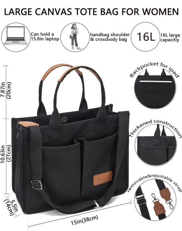 Alt view image 3 of 6 - Canvas Tote Bag for Women With Compartments and Pocket,Black Women's Bags Crossbody Bags Work Laptop Tote Bag Large Satchels Handbag Tote Purse Everyday Shoulder Bag for Travel Nurse Teacher Gift