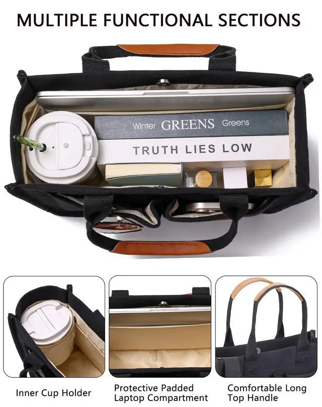 Alt view image 4 of 6 - Canvas Tote Bag for Women With Compartments and Pocket,Black Women's Bags Crossbody Bags Work Laptop Tote Bag Large Satchels Handbag Tote Purse Everyday Shoulder Bag for Travel Nurse Teacher Gift