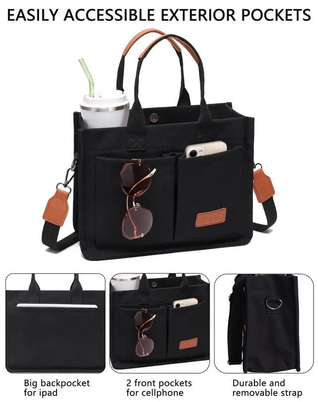 Alt view image 5 of 6 - Canvas Tote Bag for Women With Compartments and Pocket,Black Women's Bags Crossbody Bags Work Laptop Tote Bag Large Satchels Handbag Tote Purse Everyday Shoulder Bag for Travel Nurse Teacher Gift