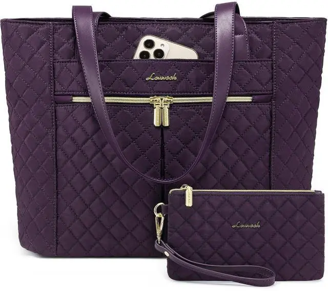 Main image of Laptop Bag for Women 17 inch,Diamond Quilted Work Tote Bags Womens Laptop Tote Bag Computer Shoulder Bags,Stylish Travel Tote Bags Laptop Purse Briefcase Handbag with Clutch Purse,Off-white