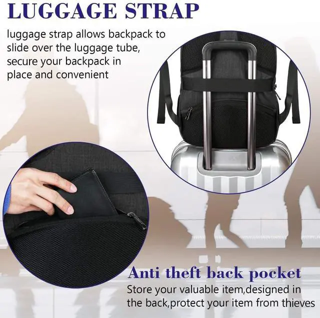 Alt view image 5 of 7 - Business Laptop Backpack, 15.6 Inch Travel Work Bag for Men Women | Water Resistant Daypack, Personal Item Bag Size, Anti Theft Pocket, Luggage Strap, Computer Backpack for Work College, Black