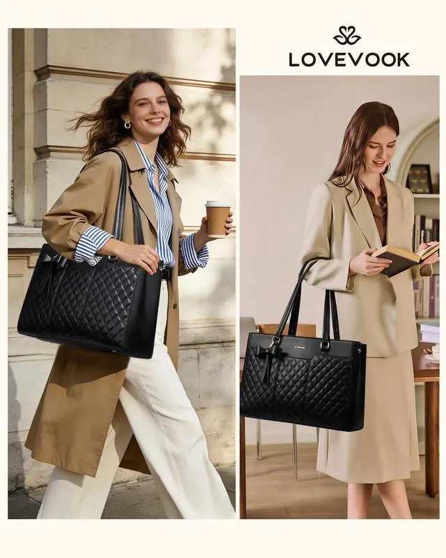 Alt view image 2 of 6 - Laptop Tote Bag for Women,15.6 Inch Work Bags PU Leather Teacher Tote Bag,Waterproof Quilted Computer Bag for Office Professional Briefcase Gifts