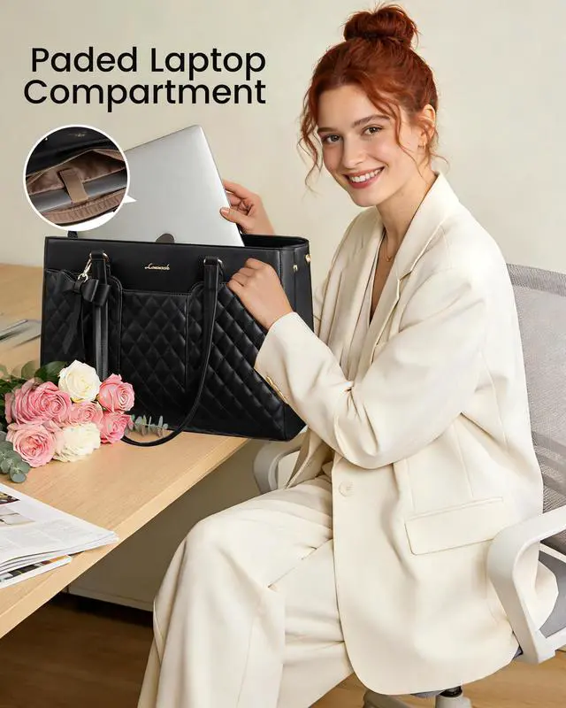 Alt view image 3 of 6 - Laptop Tote Bag for Women,15.6 Inch Work Bags PU Leather Teacher Tote Bag,Waterproof Quilted Computer Bag for Office Professional Briefcase Gifts
