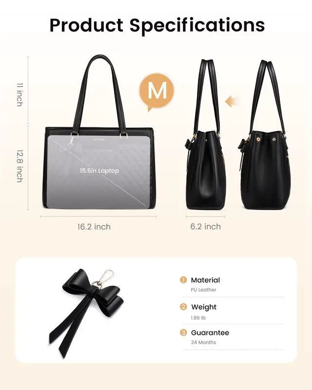 Alt view image 4 of 6 - Laptop Tote Bag for Women,15.6 Inch Work Bags PU Leather Teacher Tote Bag,Waterproof Quilted Computer Bag for Office Professional Briefcase Gifts