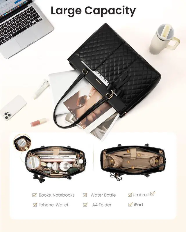 Alt view image 5 of 6 - Laptop Tote Bag for Women,15.6 Inch Work Bags PU Leather Teacher Tote Bag,Waterproof Quilted Computer Bag for Office Professional Briefcase Gifts