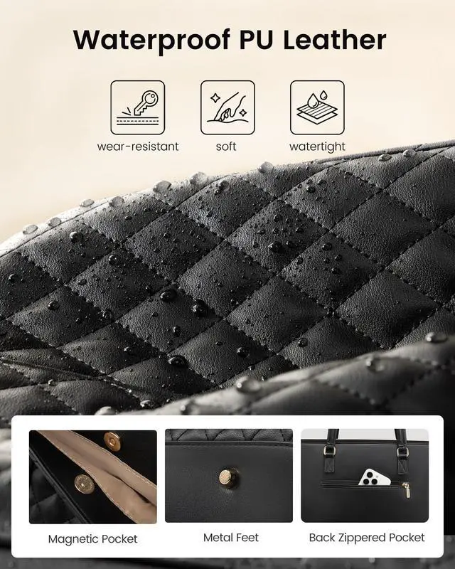 Alt view image 6 of 6 - Laptop Tote Bag for Women,15.6 Inch Work Bags PU Leather Teacher Tote Bag,Waterproof Quilted Computer Bag for Office Professional Briefcase Gifts