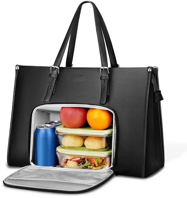 Main image of 17 Inch Laptop Work Tote Bag for Women with Lunch Compartment | PU Leather, Convertible Business Briefcase, Professional Teacher Computer Handbag, with Lunch Box for Office, Commute, Black