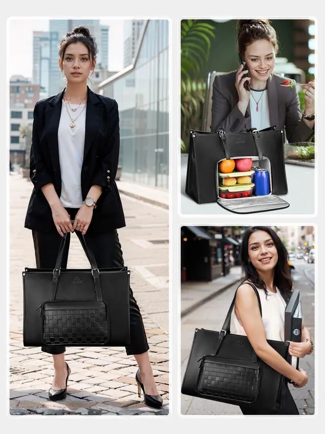 Alt view image 2 of 7 - 17 Inch Laptop Work Tote Bag for Women with Lunch Compartment | PU Leather, Convertible Business Briefcase, Professional Teacher Computer Handbag, with Lunch Box for Office, Commute, Black