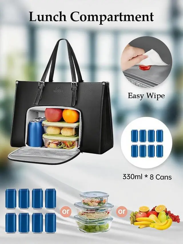 Alt view image 3 of 7 - 17 Inch Laptop Work Tote Bag for Women with Lunch Compartment | PU Leather, Convertible Business Briefcase, Professional Teacher Computer Handbag, with Lunch Box for Office, Commute, Black