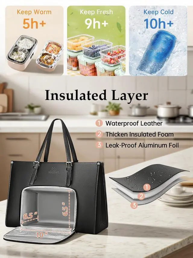 Alt view image 4 of 7 - 17 Inch Laptop Work Tote Bag for Women with Lunch Compartment | PU Leather, Convertible Business Briefcase, Professional Teacher Computer Handbag, with Lunch Box for Office, Commute, Black