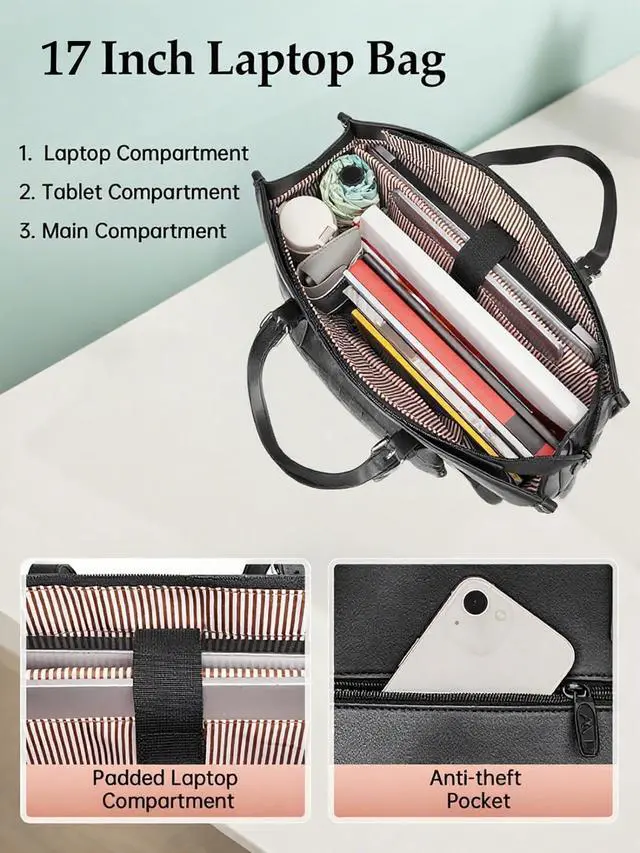 Alt view image 5 of 7 - 17 Inch Laptop Work Tote Bag for Women with Lunch Compartment | PU Leather, Convertible Business Briefcase, Professional Teacher Computer Handbag, with Lunch Box for Office, Commute, Black