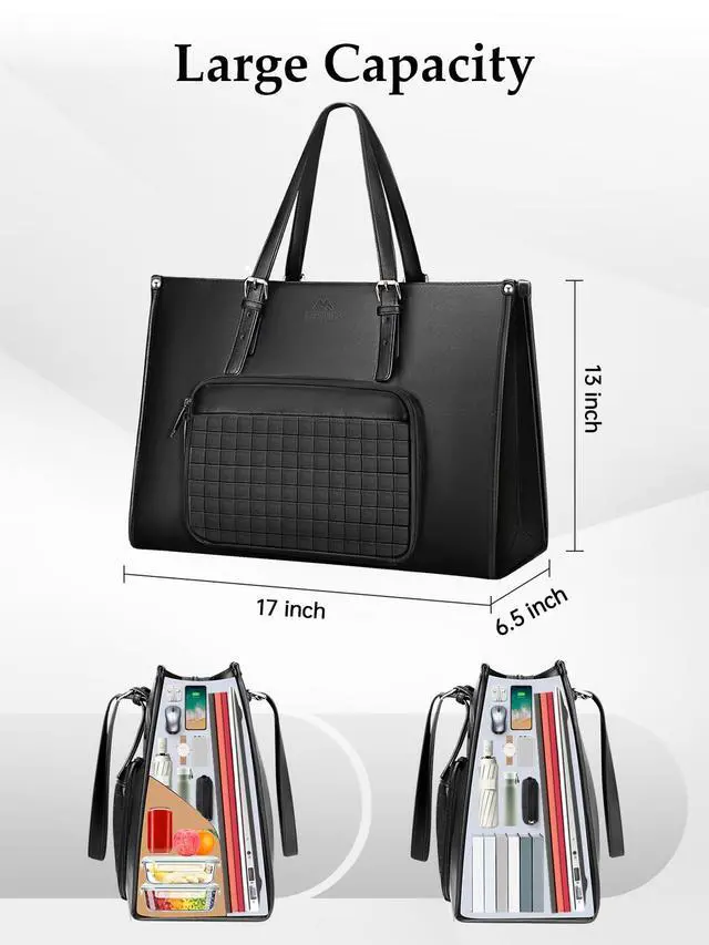 Alt view image 6 of 7 - 17 Inch Laptop Work Tote Bag for Women with Lunch Compartment | PU Leather, Convertible Business Briefcase, Professional Teacher Computer Handbag, with Lunch Box for Office, Commute, Black