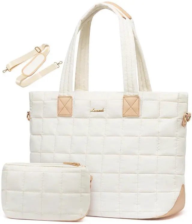 Main image of Laptop Tote Bag for Women, 15.6 Inch Large Puffer Work Computer Tote Bags for Teacher Nurse, Quilted Women's Purse Tote Shoulder Handbags with Zipper for Travel College Office Gym, Beige
