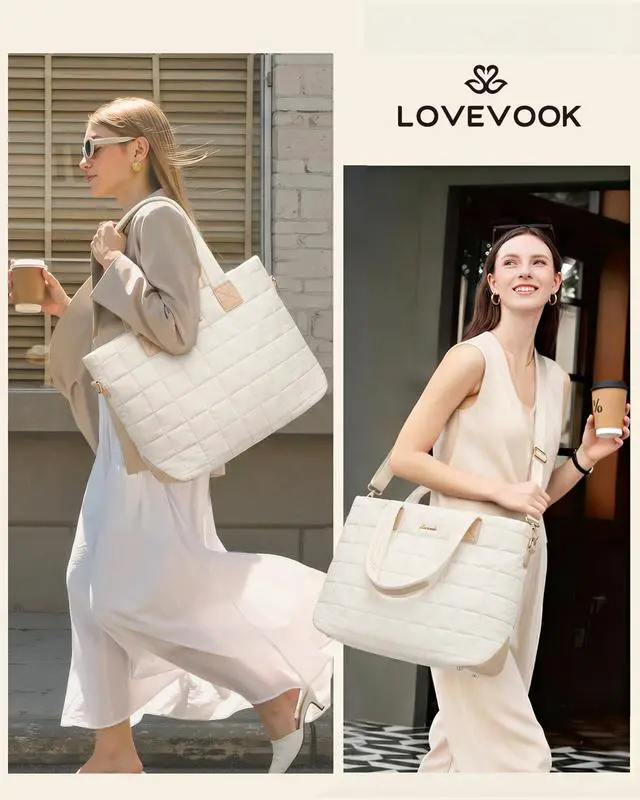 Alt view image 2 of 7 - Laptop Tote Bag for Women, 15.6 Inch Large Puffer Work Computer Tote Bags for Teacher Nurse, Quilted Women's Purse Tote Shoulder Handbags with Zipper for Travel College Office Gym, Beige