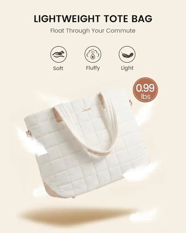 Alt view image 4 of 7 - Laptop Tote Bag for Women, 15.6 Inch Large Puffer Work Computer Tote Bags for Teacher Nurse, Quilted Women's Purse Tote Shoulder Handbags with Zipper for Travel College Office Gym, Beige