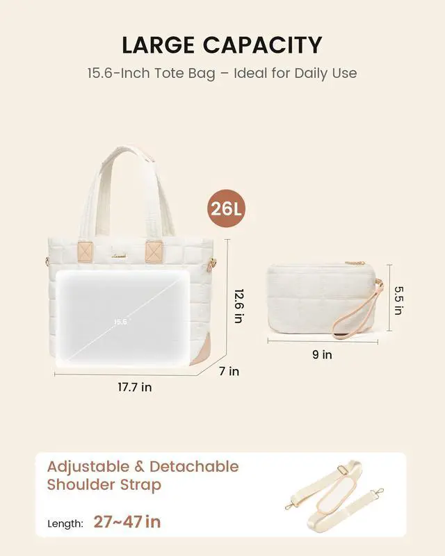 Alt view image 5 of 7 - Laptop Tote Bag for Women, 15.6 Inch Large Puffer Work Computer Tote Bags for Teacher Nurse, Quilted Women's Purse Tote Shoulder Handbags with Zipper for Travel College Office Gym, Beige