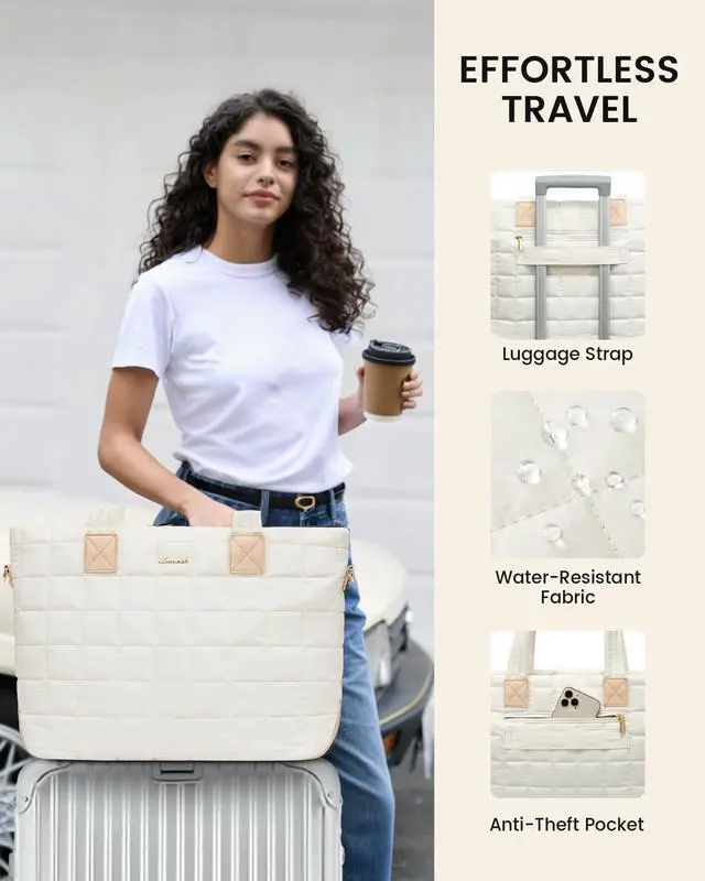 Alt view image 6 of 7 - Laptop Tote Bag for Women, 15.6 Inch Large Puffer Work Computer Tote Bags for Teacher Nurse, Quilted Women's Purse Tote Shoulder Handbags with Zipper for Travel College Office Gym, Beige