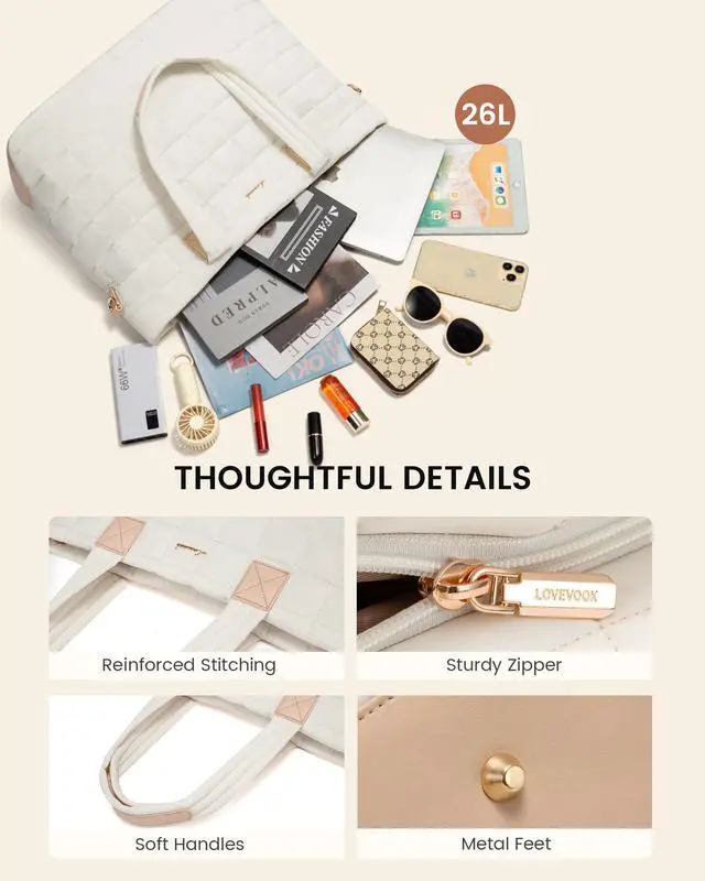 Alt view image 7 of 7 - Laptop Tote Bag for Women, 15.6 Inch Large Puffer Work Computer Tote Bags for Teacher Nurse, Quilted Women's Purse Tote Shoulder Handbags with Zipper for Travel College Office Gym, Beige