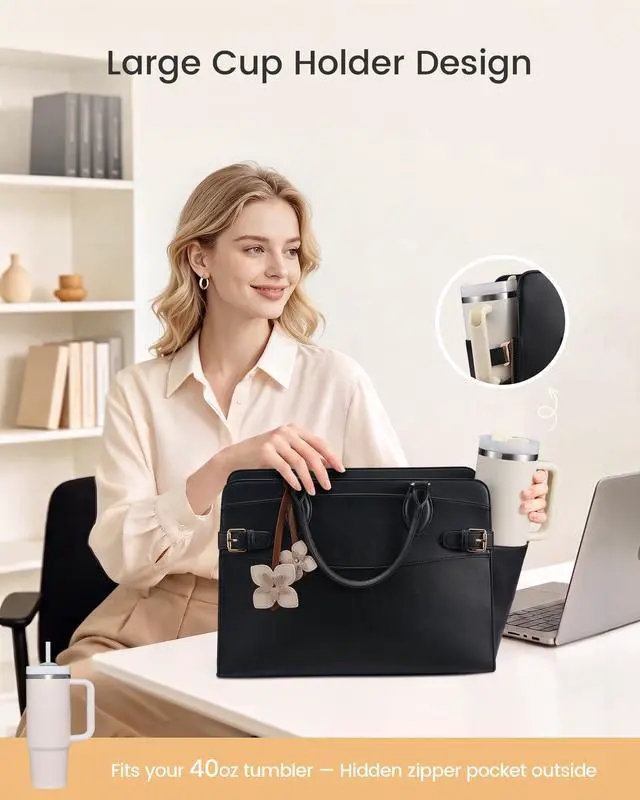 Alt view image 4 of 7 - Laptop Tote Bag for Women Work Computer Purse for Teacher Nurse | 15.6 inch Waterproof Leather Handbag with Large Cup Holder for Office Travel, Large Shoulder Bible Bag for Gift