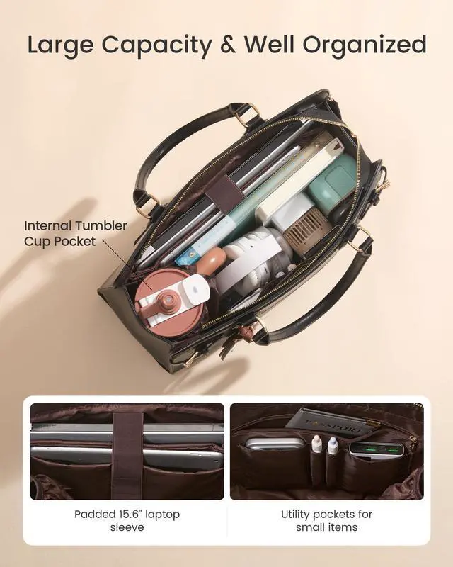 Alt view image 5 of 7 - Laptop Tote Bag for Women Work Computer Purse for Teacher Nurse | 15.6 inch Waterproof Leather Handbag with Large Cup Holder for Office Travel, Large Shoulder Bible Bag for Gift