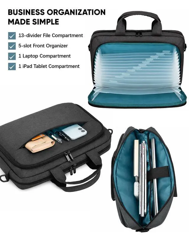 Alt view image 7 of 7 - Laptop Bag with File Organizer, 15.6" Laptop Case, Water-Resistant | Multi-Compartment Work Bag, Carry-On for Business Commute Work Travel Trip
