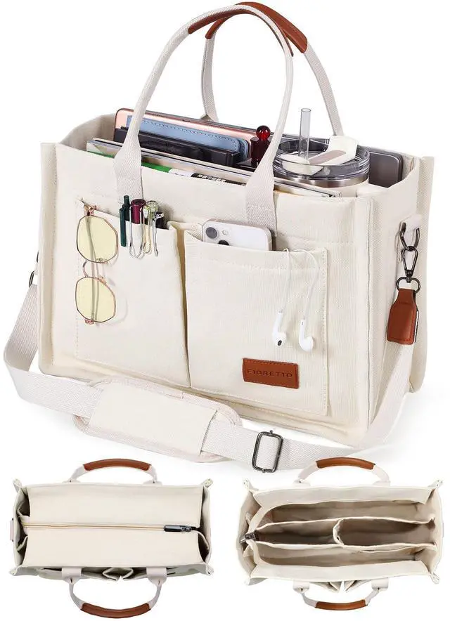 Main image of Canvas Tote Bag for Women with Zipper Closure & Individual Compartments for Work College, Crossbody Laptop Tote Purse Handbag with Detachable Strap & Bottom Support for Teacher & Nurse Beige