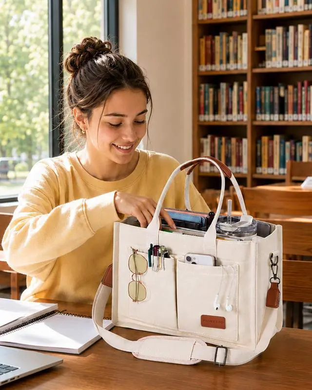 Alt view image 2 of 7 - Canvas Tote Bag for Women with Zipper Closure & Individual Compartments for Work College, Crossbody Laptop Tote Purse Handbag with Detachable Strap & Bottom Support for Teacher & Nurse Beige