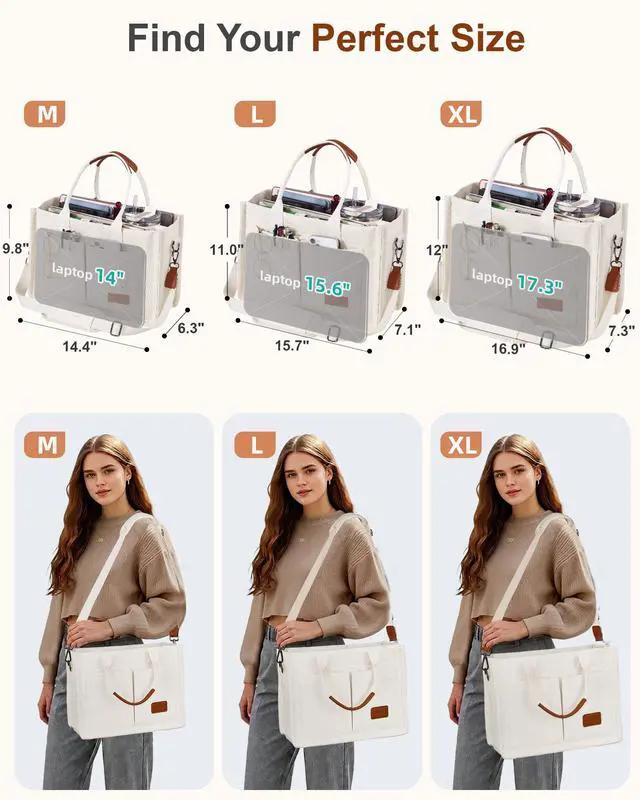 Alt view image 5 of 7 - Canvas Tote Bag for Women with Zipper Closure & Individual Compartments for Work College, Crossbody Laptop Tote Purse Handbag with Detachable Strap & Bottom Support for Teacher & Nurse Beige