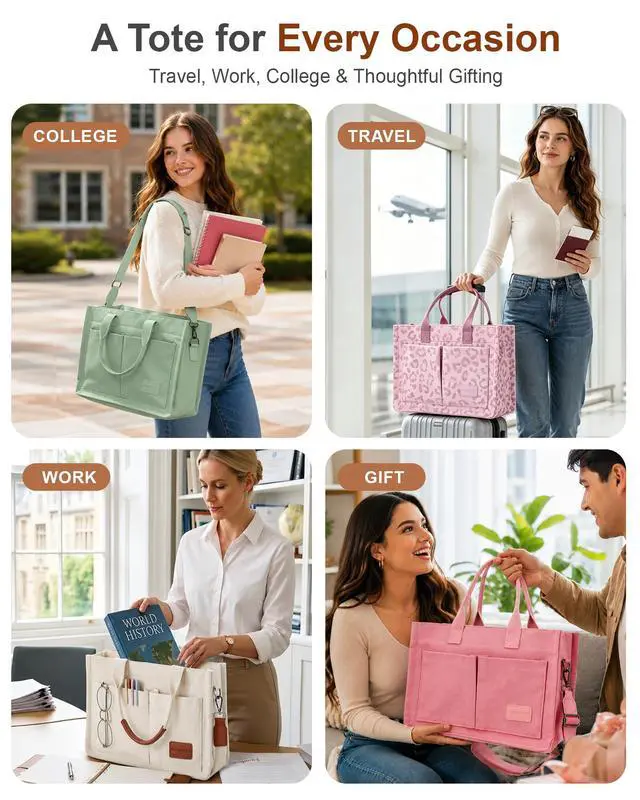 Alt view image 6 of 7 - Canvas Tote Bag for Women with Zipper Closure & Individual Compartments for Work College, Crossbody Laptop Tote Purse Handbag with Detachable Strap & Bottom Support for Teacher & Nurse Beige