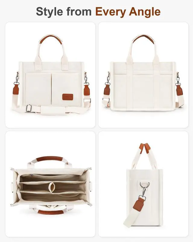 Alt view image 7 of 7 - Canvas Tote Bag for Women with Zipper Closure & Individual Compartments for Work College, Crossbody Laptop Tote Purse Handbag with Detachable Strap & Bottom Support for Teacher & Nurse Beige