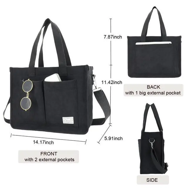 Alt view image 5 of 6 - Tote Bag for Women, Corduroy Crossbody Purse for Laptop, Work | Large College Commute Tote with Adjustable Strap & Pockets, 15.6" Laptop Bag for Teacher, Nurse, Office, Everyday, Travel