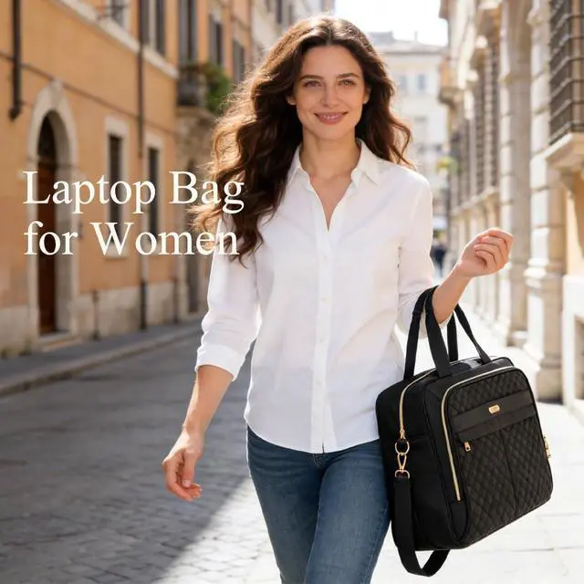 Alt view image 2 of 6 - 17 Inch Laptop Bag for Women, Computer Bag, Laptop Briefcase, Black | Messenger Bag for Work, Quilted Water-resistant Women's large laptop bag for Teacher & College, Business, Travel